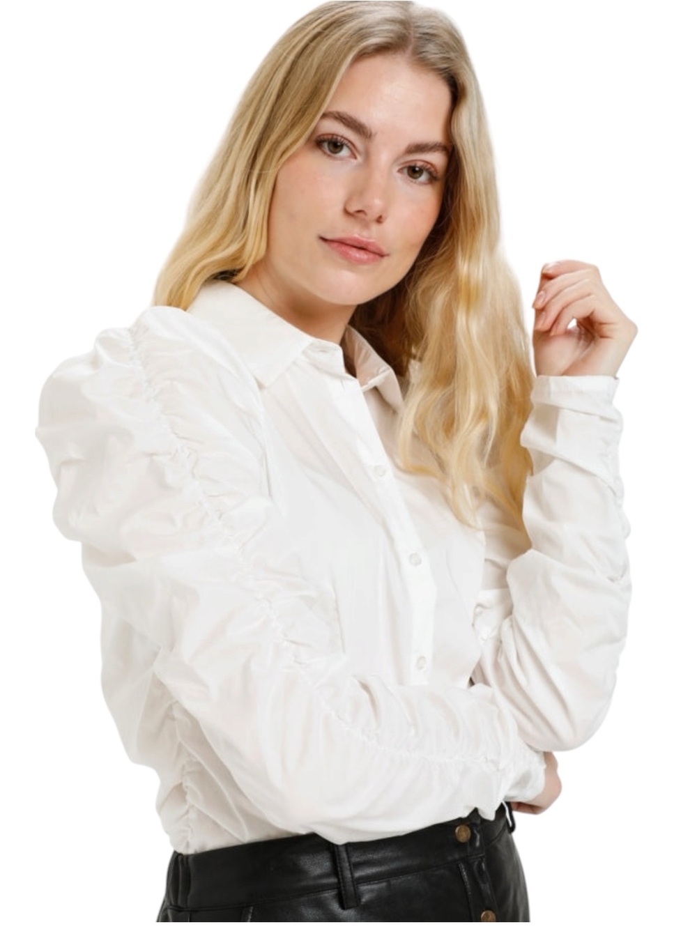 CULTURE White Ruche Sleeve Button Up Blouse Shirt Top (L)